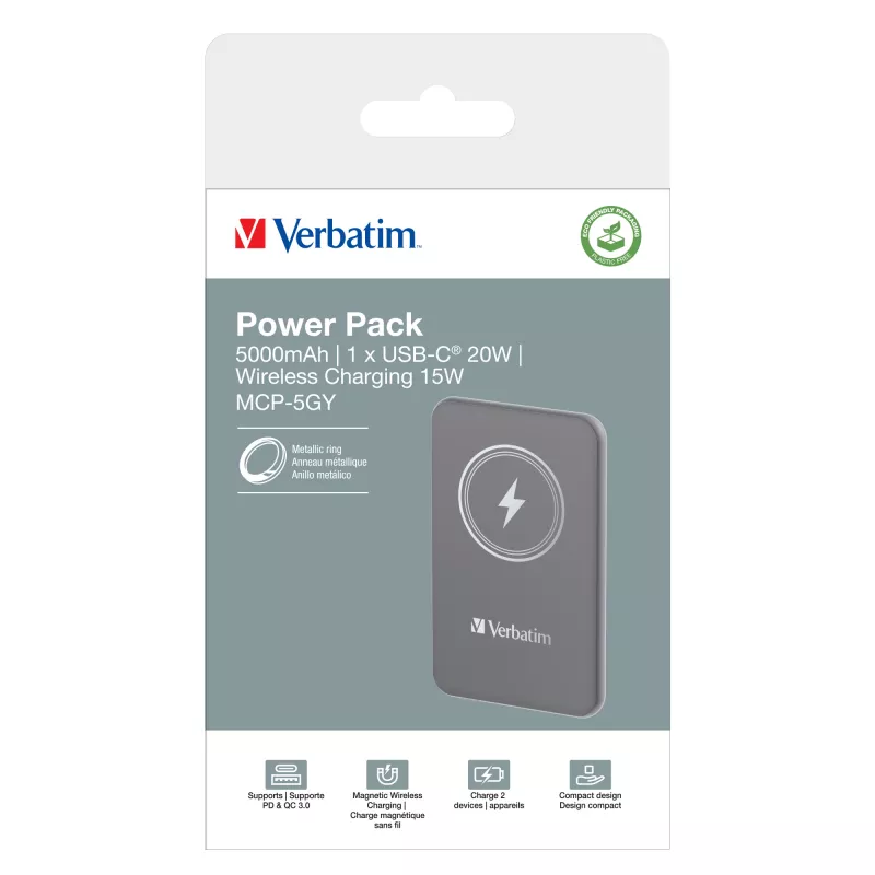 Verbatim Charge 'n' Go Magnētiskais bezvadu ārējais akumulators 5000mAh, pelēks