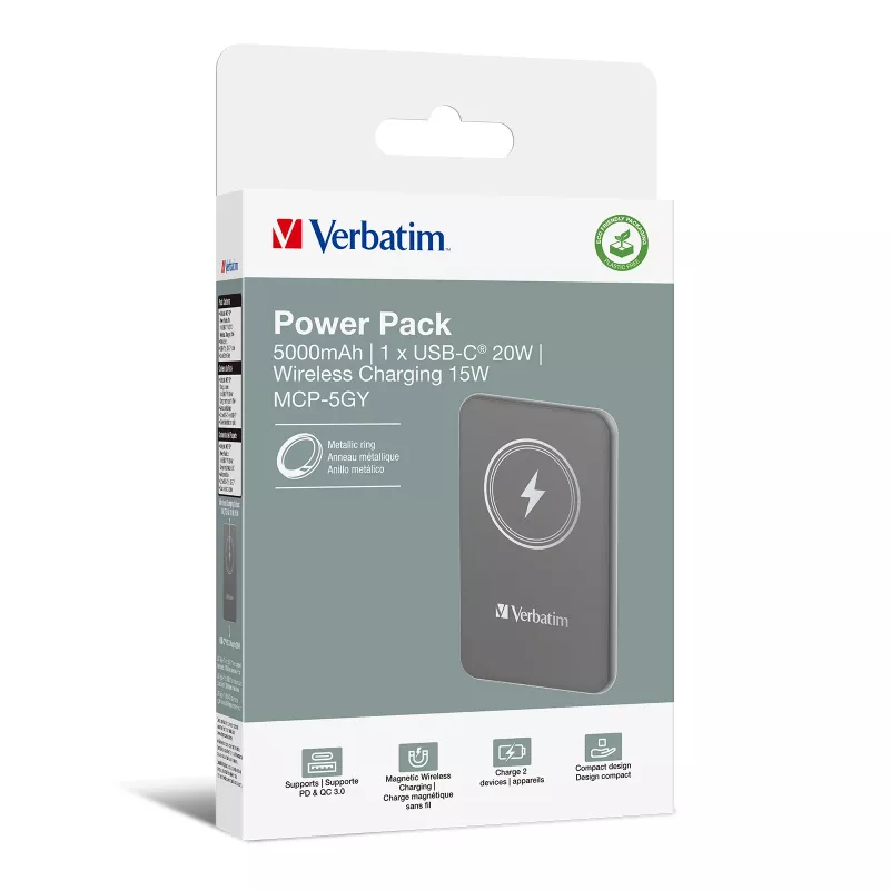 Verbatim Charge 'n' Go Magnētiskais bezvadu ārējais akumulators 5000mAh, pelēks