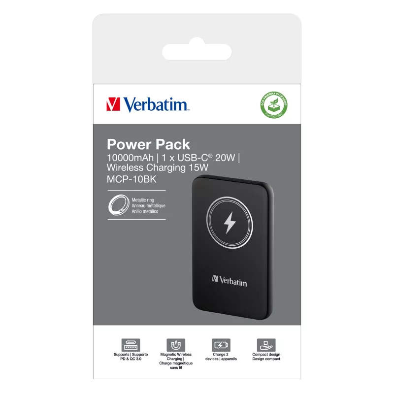 Verbatim Charge 'n' Go magnētiskais bezvadu ārējais akumulators 10000 mAh, melns
