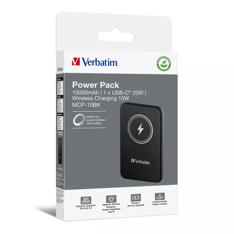 Verbatim Charge 'n' Go magnētiskais bezvadu ārējais akumulators 10000 mAh, melns
