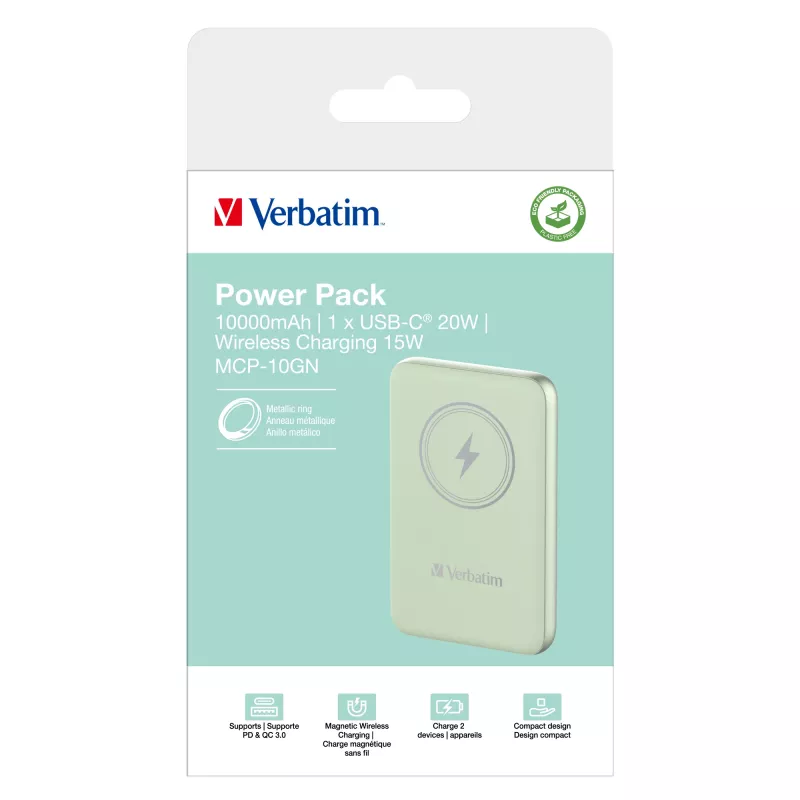 Verbatim Charge 'n' Go magnētiskais bezvadu ārējais akumulators 10000mAh zaļš
