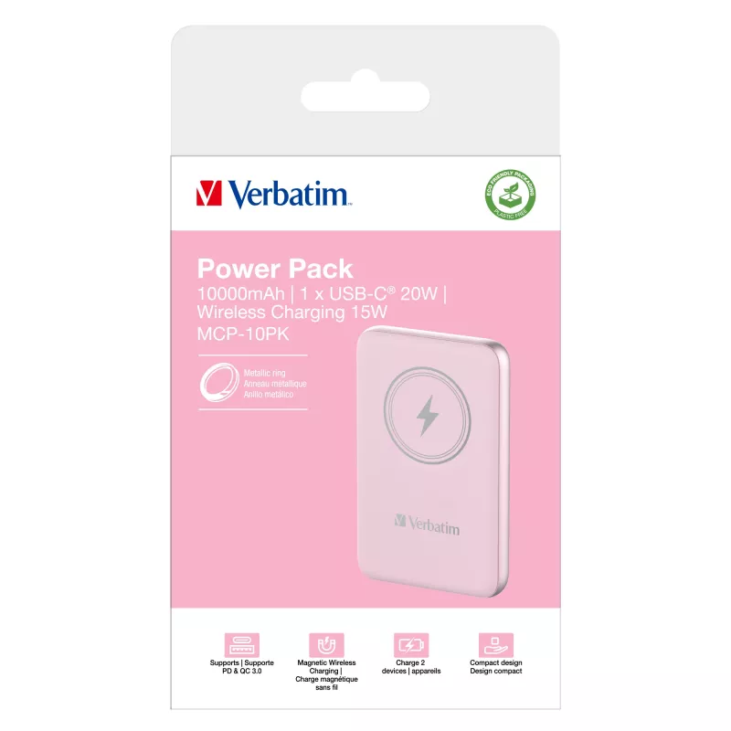 Verbatim Charge 'n' Go Magnetic Wireless Power Bank 10000mAh Rozā krāsā