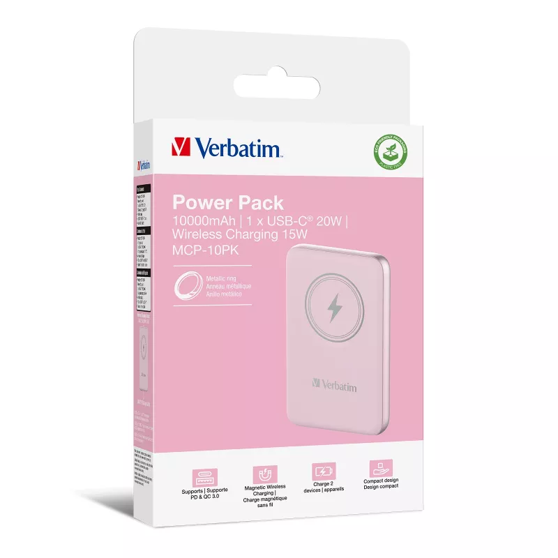 Verbatim Charge 'n' Go Magnetic Wireless Power Bank 10000mAh Rozā krāsā
