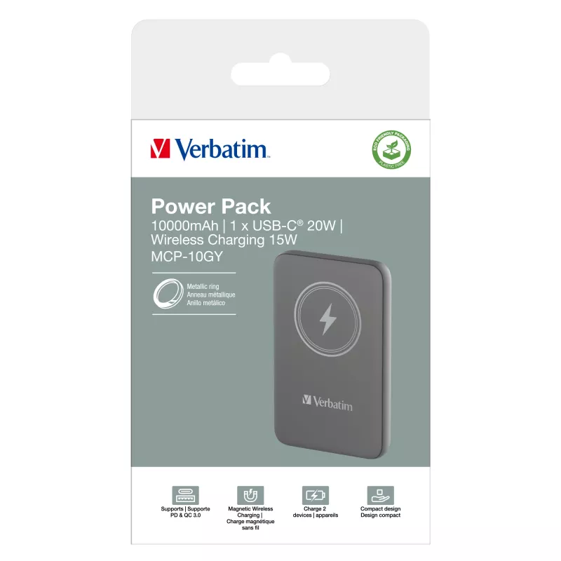 Verbatim Charge 'n' Go Magnetic Wireless Power Bank 10000mAh pelēka