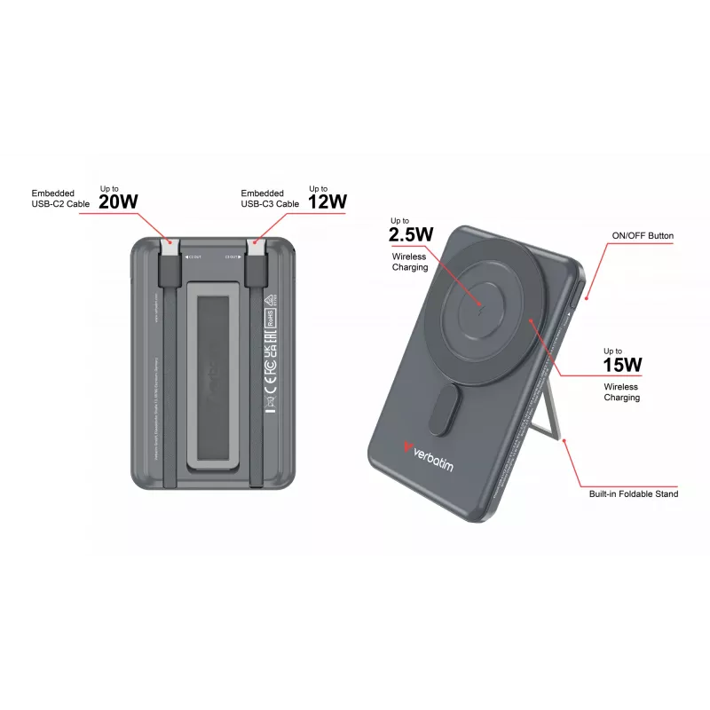 Verbatim Charge'n'Go 2C ārējais akumulators 5000 mAh Pelēks