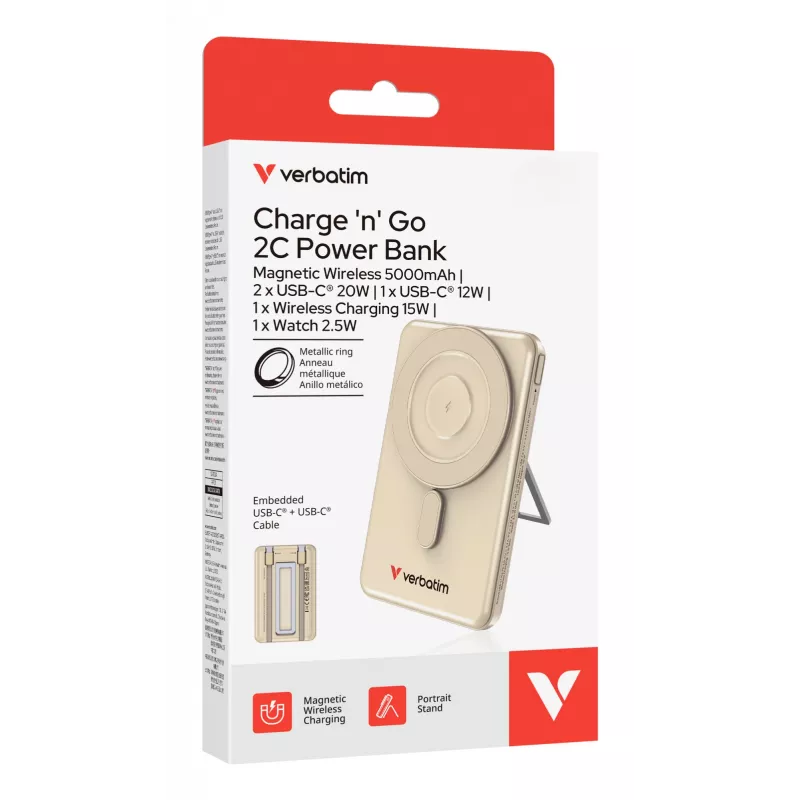 Verbatim Charge'n'G0 2C ārējais akumulators 5000 rnAh Zelts, 5000 mAh, Polimēra, Adaptīva ātrā uzlāde, Power Delivery 3.0, Quick Charge 3.0, Bezvadu uzlāde, 3,85 V, 20 W