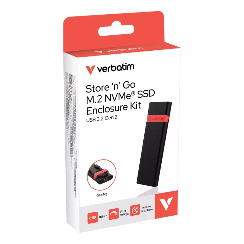 Verbatim M.2 NVMe SSD Enclosure Kit, SSD enclosure, M.2, PCI Express, 10 Gbit/s, USB connectivity, Melns, Red