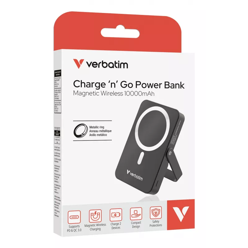 Verbatim Charge 'n' Go magnētiskais bezvadu ārējais akumulators ar statīvu - 10000 mAh Melns
