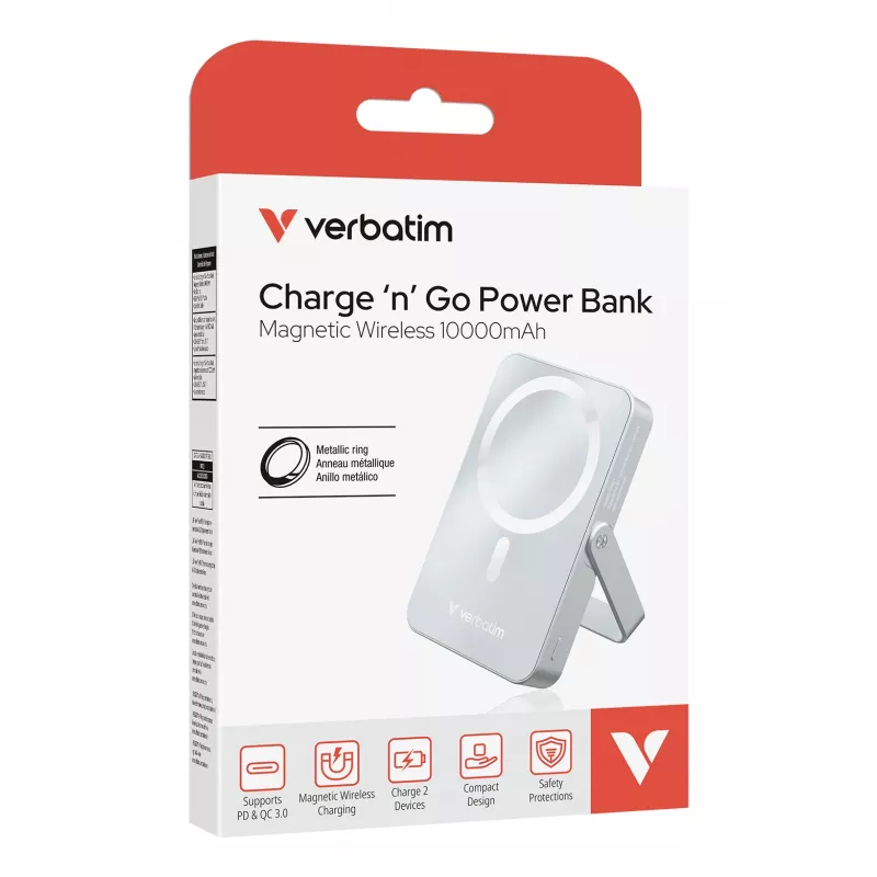 Verbatim Charge 'n' Go magnētiskais bezvadu ārējais akumulators ar statīvu - 10000 mAh, zils