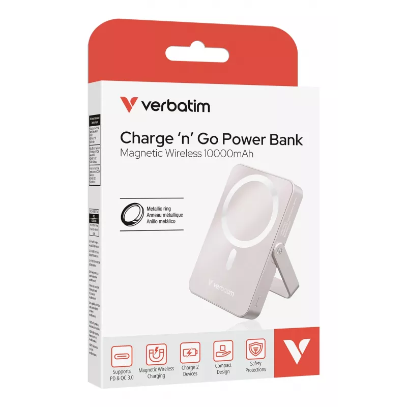 Verbatim Charge 'n' Go magnētiskais bezvadu ārējais akumulators ar statīvu - 10000 mAh Rozā