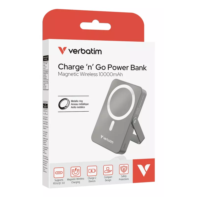Verbatim Charge 'n' Go magnētiskais bezvadu ārējais akumulators ar statīvu - 10000 mAh pelēks