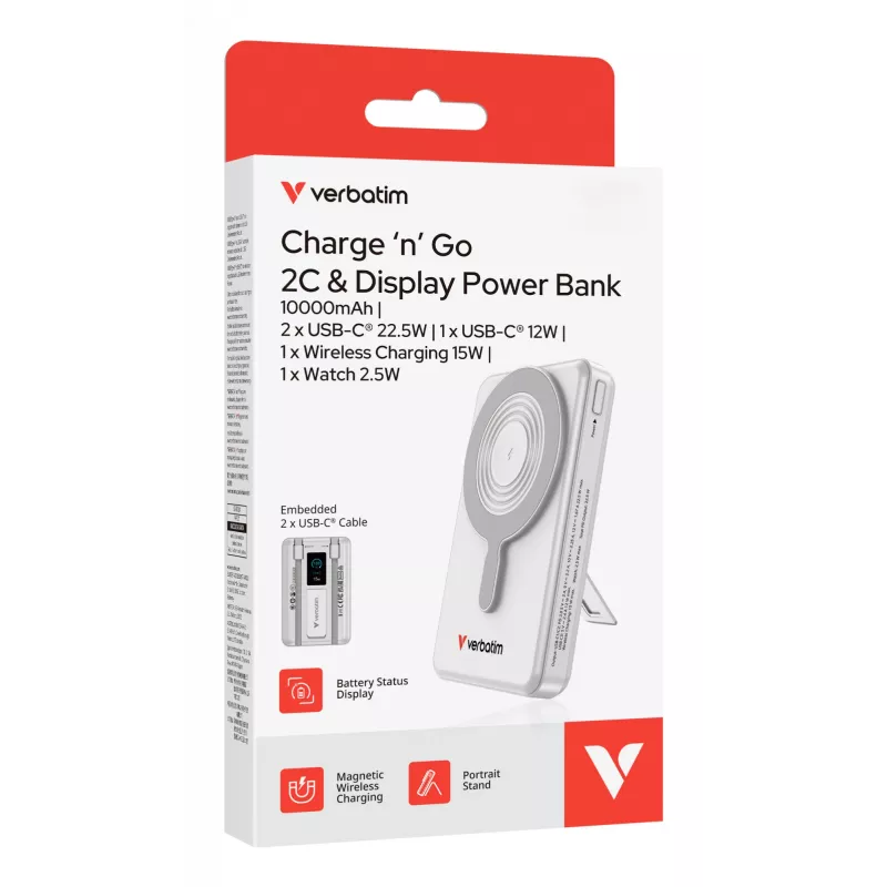 Verbatim Charge'n'Go 2C & Display ārējais akumulators 10000 mAh sudrabots