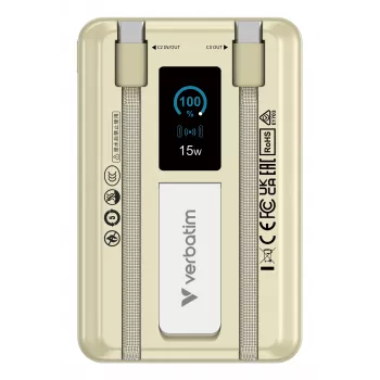 Verbatim Charge'n'Go 2C & Display Power Bank 10000 mAh Gold, 10000 mAh, litija polimēra (LiPo), Power Delivery 3.0, Quick Charge 3.0, bezvadu uzlāde, 3,85 V, 52 W