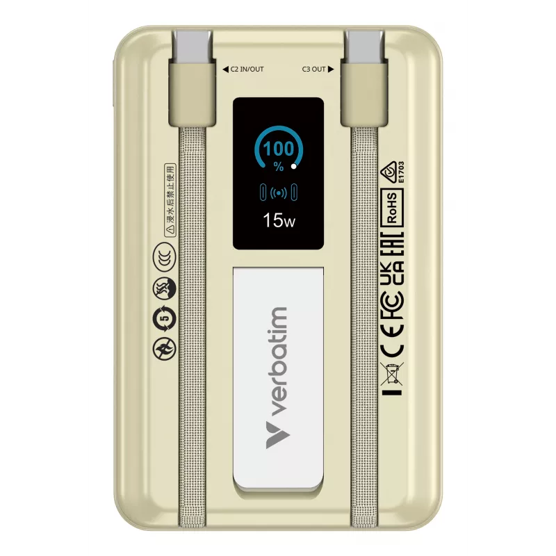 Verbatim Charge'n'Go 2C & Display Power Bank 10000 mAh Gold, 10000 mAh, litija polimēra (LiPo), Power Delivery 3.0, Quick Charge 3.0, bezvadu uzlāde, 3,85 V, 52 W
