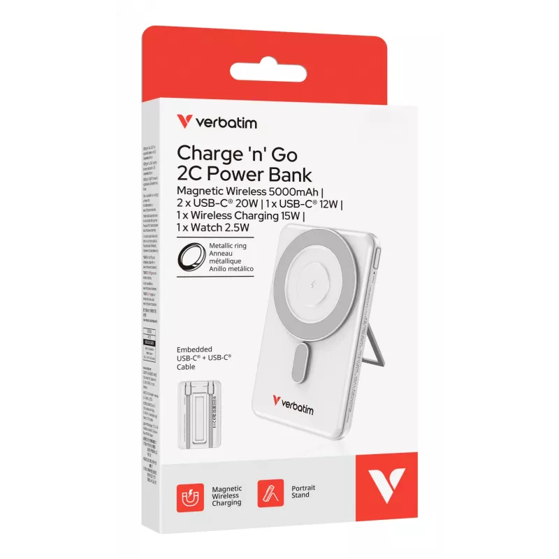 Verbatim Charge'n'Go 2C Power Bank 5000 mAh sudrabains, 5000 mAh, litija polimērs (LiPo), Adaptive Fast Charging, Power Delivery 3.0, Quick Charge 3.0, bezvadu uzlāde, 3,85 V, 20 W