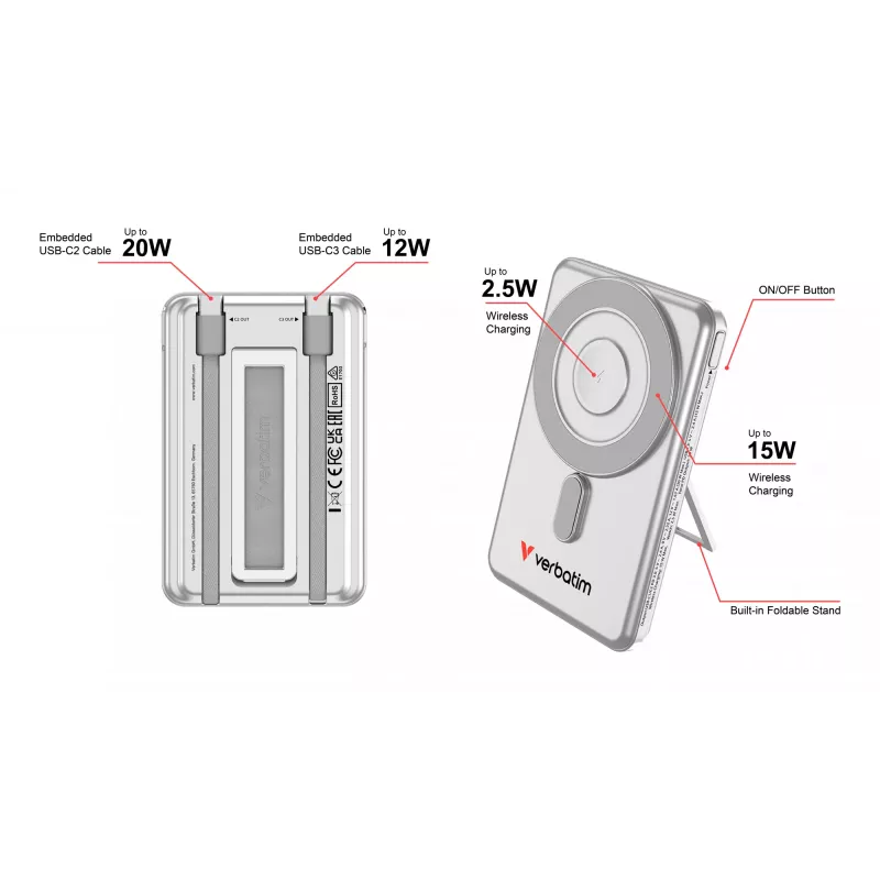 Verbatim Charge'n'Go 2C Power Bank 5000 mAh sudrabains, 5000 mAh, litija polimērs (LiPo), Adaptive Fast Charging, Power Delivery 3.0, Quick Charge 3.0, bezvadu uzlāde, 3,85 V, 20 W