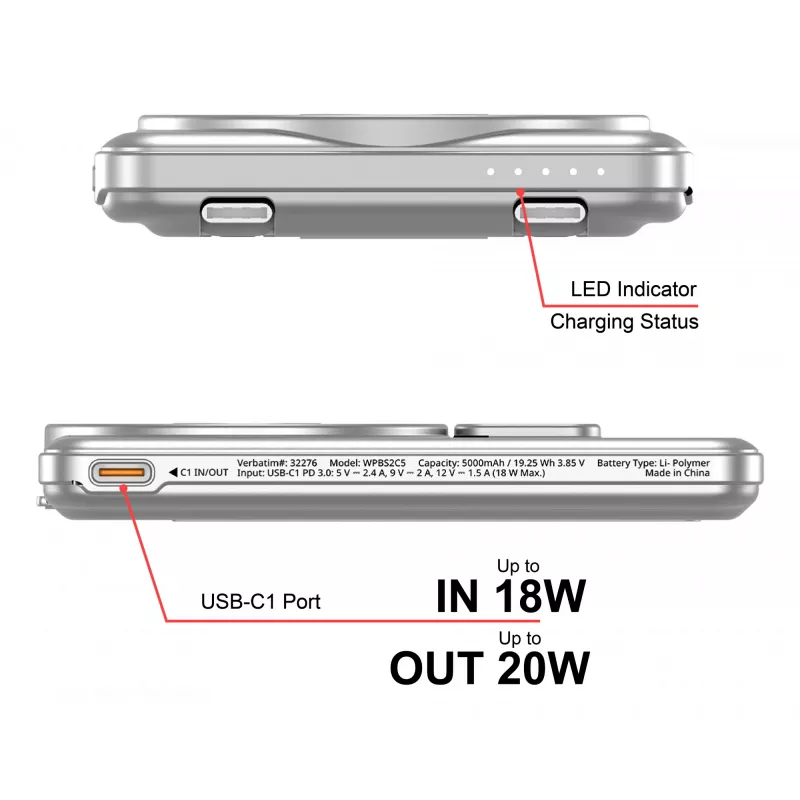 Verbatim Charge'n'Go 2C Power Bank 5000 mAh sudrabains, 5000 mAh, litija polimērs (LiPo), Adaptive Fast Charging, Power Delivery 3.0, Quick Charge 3.0, bezvadu uzlāde, 3,85 V, 20 W