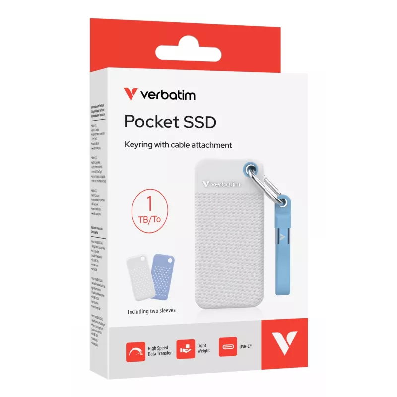 Verbatim Pocket SSD USB 3.2 Gen 2 1TB balta/gaiši zila, komplektā divi gumijas uzmavas