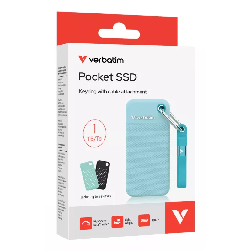 Verbatim Pocket SSD USB 3.2 Gen 2 1TB Polar Blue ar diviem gumijas uzmavām