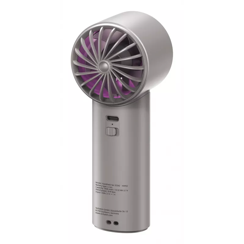Verbatim Cool’n’Go IceTouch Handheld Fan pelēka/violeta, pelēka, violeta, 1 fan(s), Handheld fan, 1 gab., 8 W, Lithium-Ion (Li-Ion)