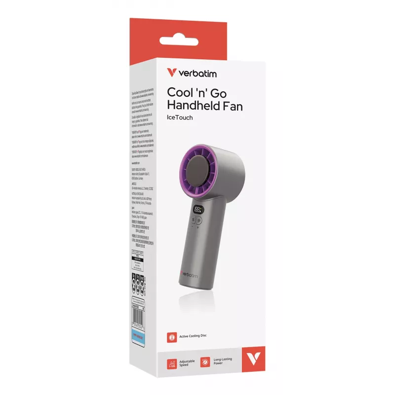 Verbatim Cool’n’Go IceTouch Handheld Fan pelēka/violeta, pelēka, violeta, 1 fan(s), Handheld fan, 1 gab., 8 W, Lithium-Ion (Li-Ion)