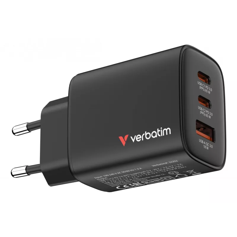 Verbatim Essentials GaN lādētājs 65 W, EU kontaktdakša, melns, iekštelpām, maiņstrāva, 20 V, melns