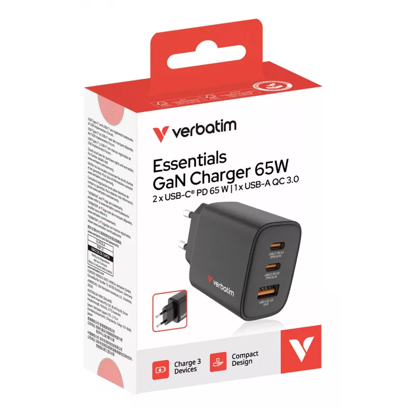 Verbatim Essentials GaN lādētājs 65 W, EU kontaktdakša, melns, iekštelpām, maiņstrāva, 20 V, melns