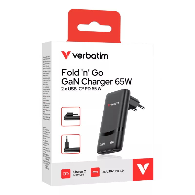 Verbatim Fold 'n' Go GaN lādētājs 65W ES spraudnis Melns, Iekštelpu, maiņstrāva, 20 V, Melns