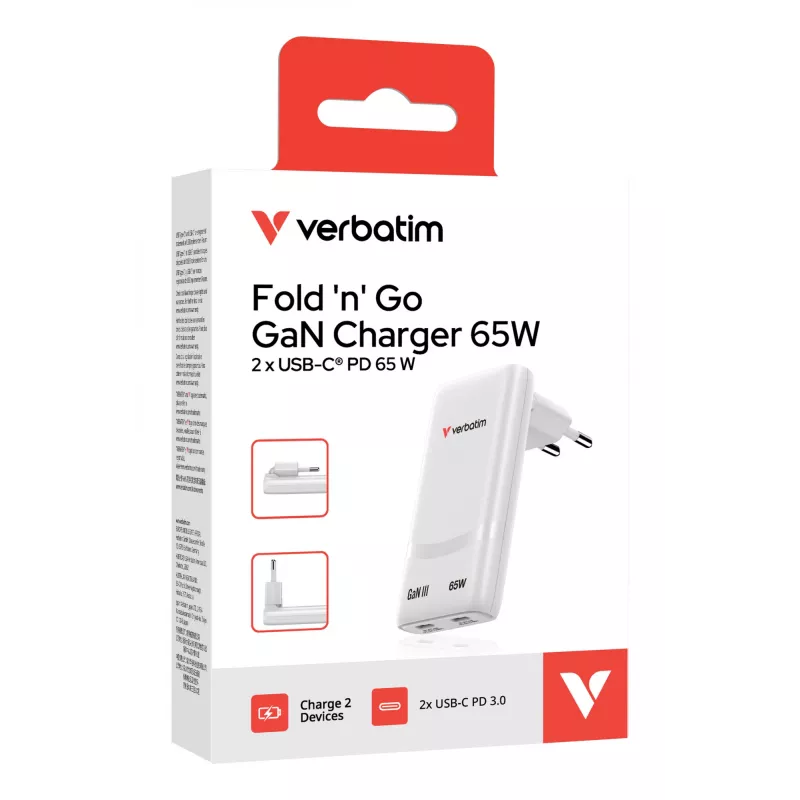 Verbatim Fold 'n' Go GaN lādētājs 65W EU spraudnis Balts, Iekštelpu, AC, 20 V, Balts