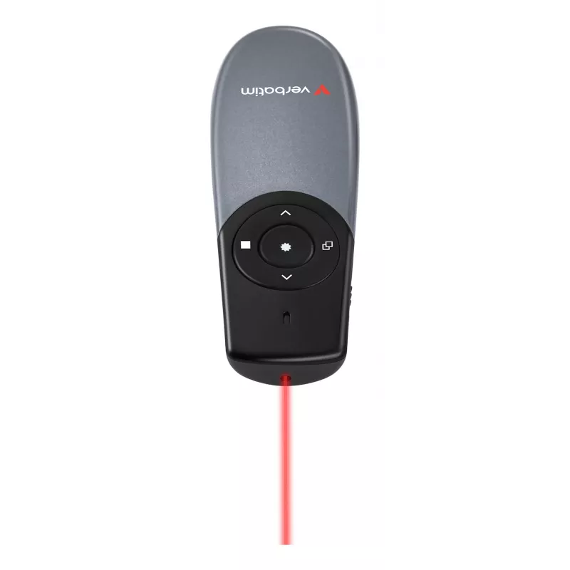 Verbatim Focus bezvadu prezentētājs ar sarkanu lāzera rādītāju, RF, USB, 30 m, melns, sudrabains