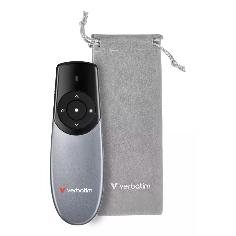 Verbatim Focus bezvadu prezentētājs ar sarkanu lāzera rādītāju, RF, USB, 30 m, melns, sudrabains