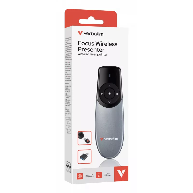 Verbatim Focus bezvadu prezentētājs ar sarkanu lāzera rādītāju, RF, USB, 30 m, melns, sudrabains