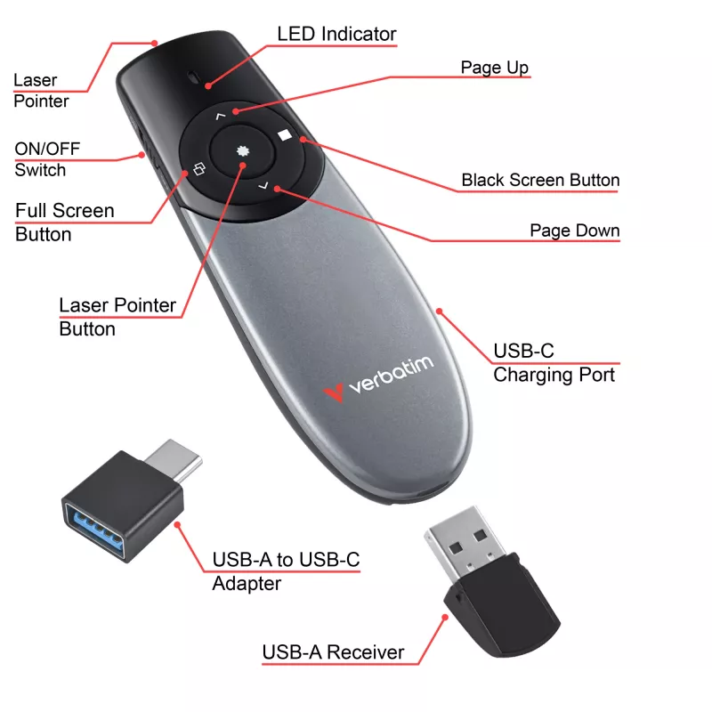 Verbatim Focus bezvadu prezentētājs ar sarkanu lāzera rādītāju, RF, USB, 30 m, melns, sudrabains
