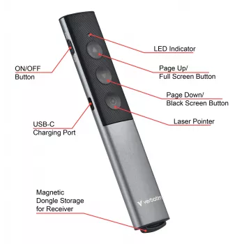 Verbatim Agenda Wireless Presenter ar Red Laser Pointer, RF, USB, 100 m, Melns, Silver