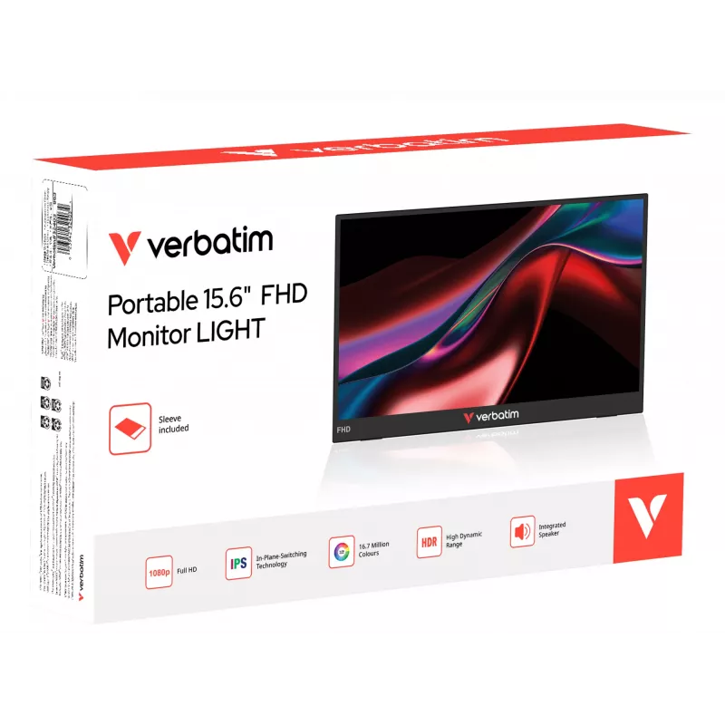 Verbatim Portable 15.6 inch FHD Monitor LIGHT, 39.6 cm (15.6 inch), LCD, 1920 x 1080 pikseļi, Full HD, 16:9, 10 ms
