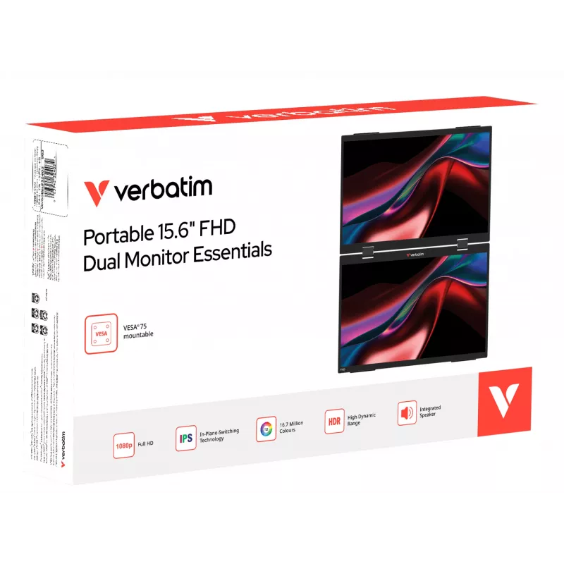 Verbatim Portable 15.6 inch FHD Dual Monitor Essentials, 39.6 cm (15.6 collas), LCD, 1920 x 1080 pikseļi, Full HD, 16:9, 10 ms