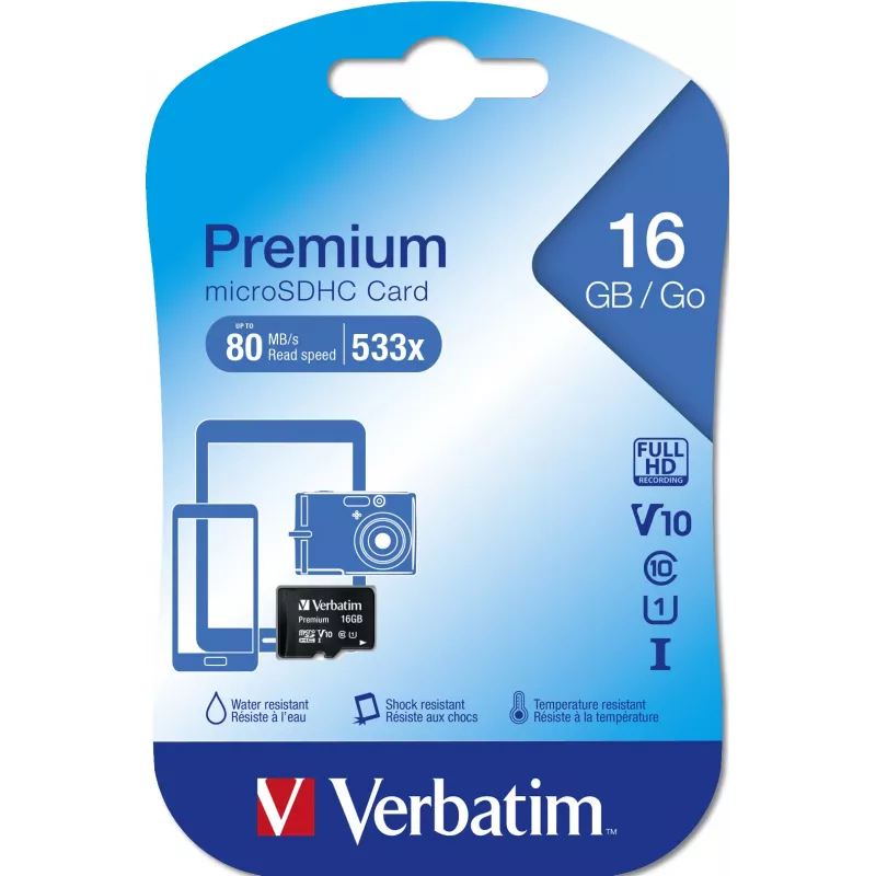 MicroSDHC Verbatim Premium 16GB Class 10 Melns 44010