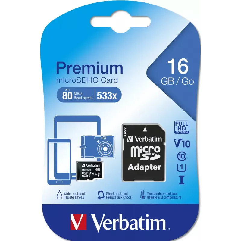 MicroSDHC Verbatim Premium 16GB Class 10 Melns