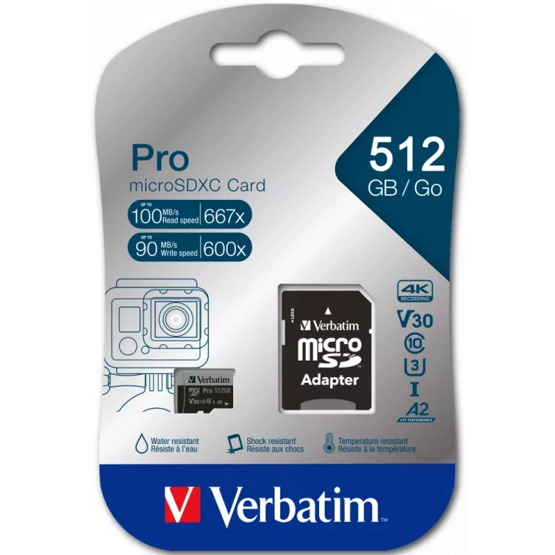 Verbatim Pro U3 512GB Micro SDXC karte, 512 GB, MicroSDXC, 10. klase, UHS-I, 100 MB/s, 90 MB/s