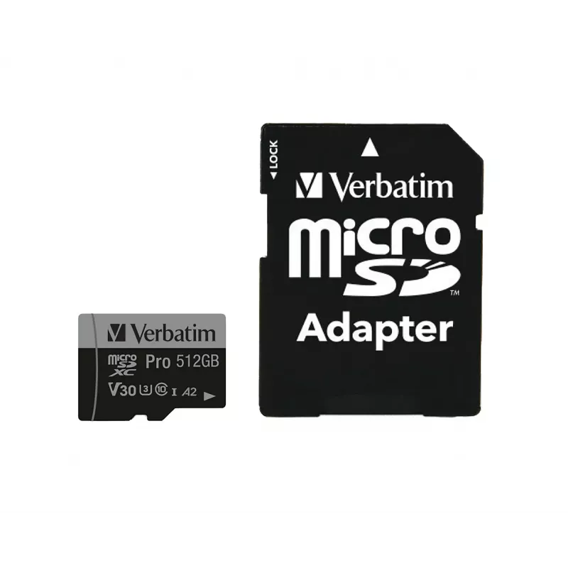 Verbatim Pro U3 512GB Micro SDXC karte, 512 GB, MicroSDXC, 10. klase, UHS-I, 100 MB/s, 90 MB/s