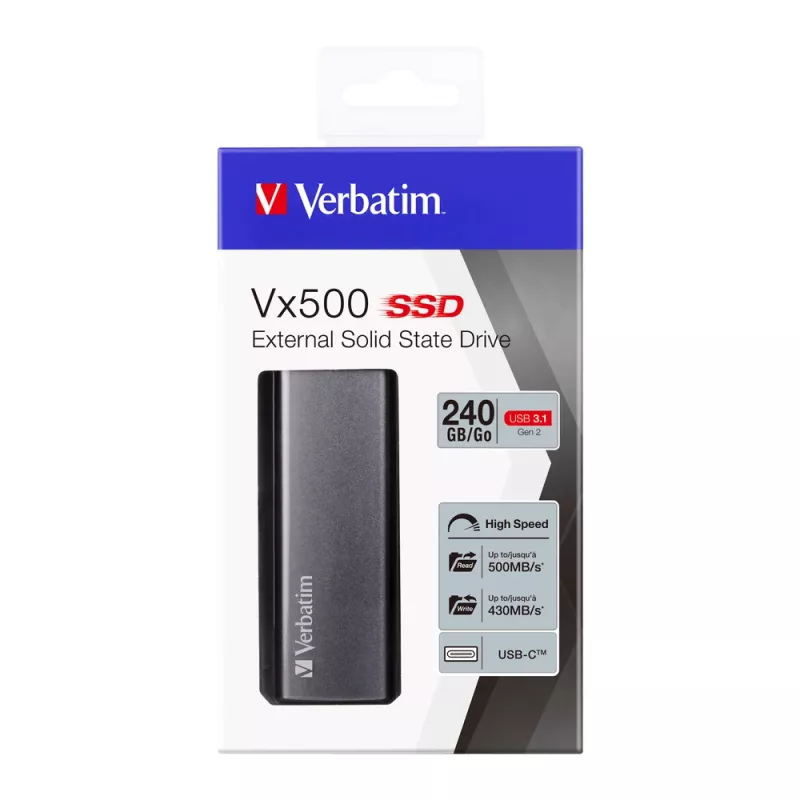 Verbatim Vx500 ārējais SSD USB 3.1 Gen 2 240GB, 240 GB, USB Type-C, 3.2 Gen 2 (3.1 Gen 2), 500 MB/s, Sudraba krāsa