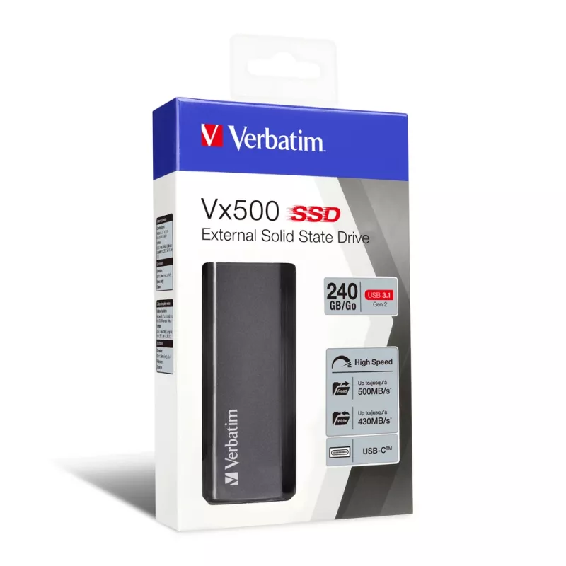 Verbatim Vx500 ārējais SSD USB 3.1 Gen 2 240GB, 240 GB, USB Type-C, 3.2 Gen 2 (3.1 Gen 2), 500 MB/s, Sudraba krāsa