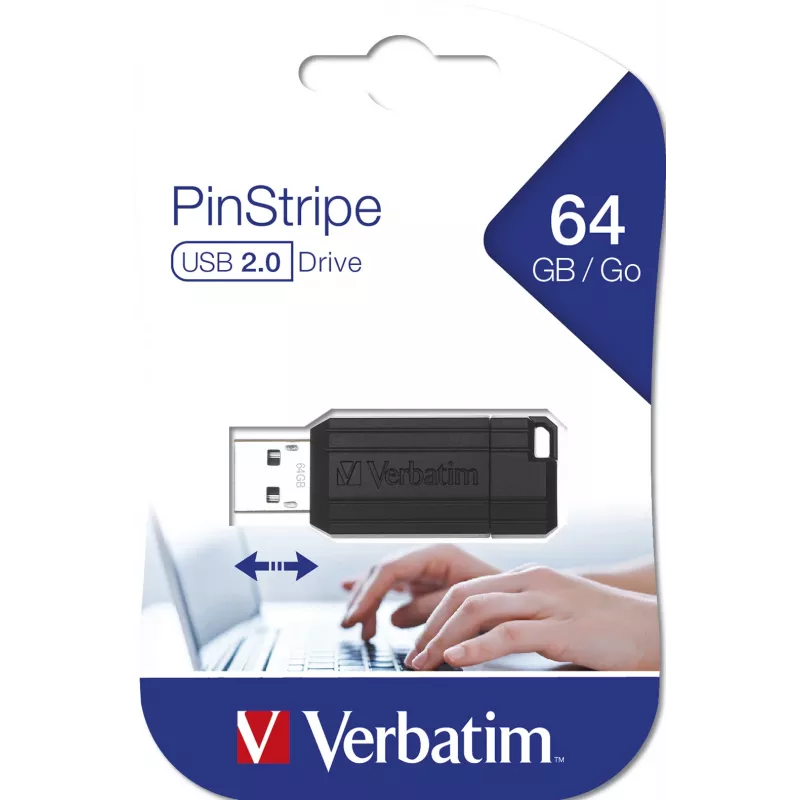 Verbatim PinStripe - USB disks 64 GB - melns, 64 GB, USB Type-A, 2.0, 10 MB/s, bīdāms, melns