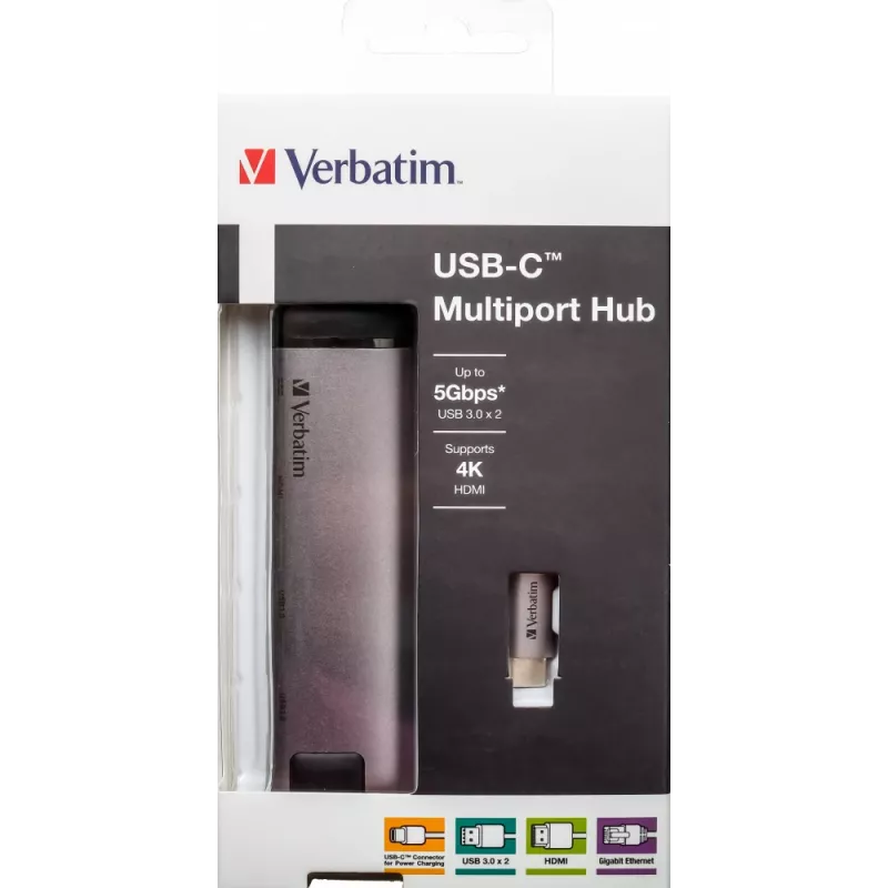 Verbatim 49141 klēpjdatora dokstacija/portu replikators USB 3.2 Gen 1 (3.1 Gen 1) Type-C Melna, Sudraba