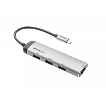 Verbatim USB-C Multiport Hub četru portu USB 3.2 Gen 1, USB 3.2 Gen 1 (3.1 Gen 1) Type-C, USB 3.2 Gen 1 (3.1 Gen 1) Type-A, 5000 Mbit/s, pelēks, alumīnijs, plastmasa, 0,15 m