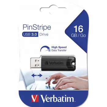 Verbatim PinStripe 3.0 - USB 3.0 zibatmiņa 16 GB – melna, 16 GB, USB Type-A, 3.2 Gen 1 (3.1 Gen 1), bīdāma, 7 g, melna