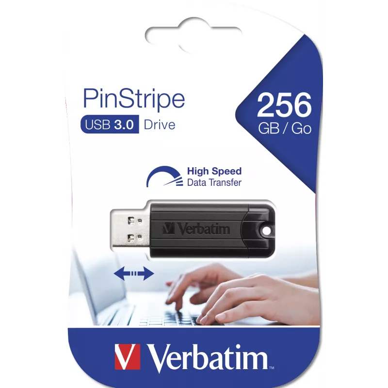 Verbatim PinStripe 3.0 - USB 3.0 disks 256 GB – melns, 256 GB, USB Type-A, 3.2 Gen 1 (3.1 Gen 1), Slide, 7 g, melns
