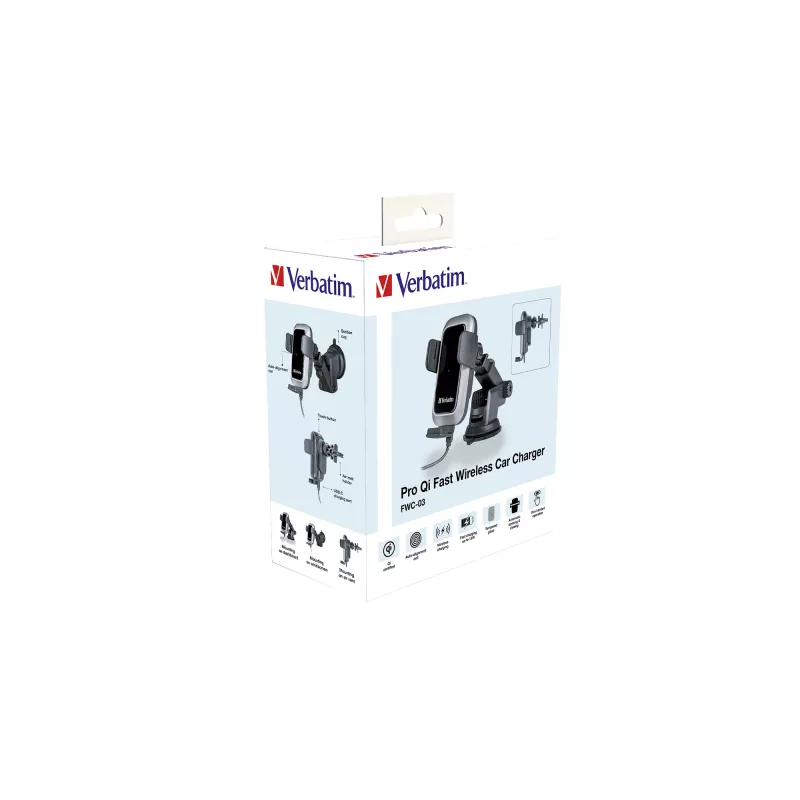 Verbatim FWC-03 Pro Qi Fast Wireless autolādētājs mazumtirdzniecībai Melns