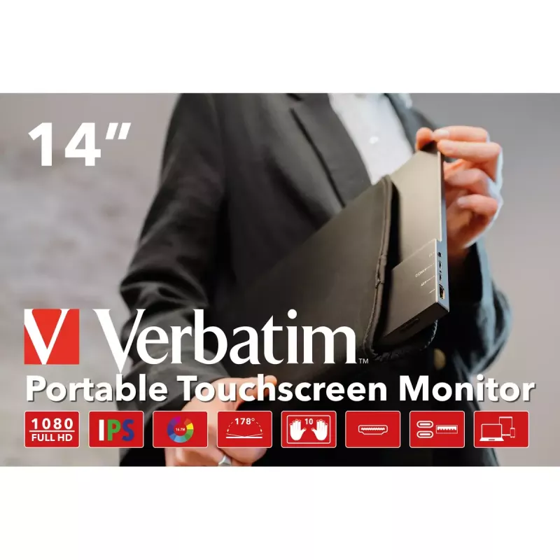 Verbatim 49591 datora monitors 35,6 cm (14 collas) 1920 x 1080 pikseļi Full HD LCD skārienjutīgs Melns