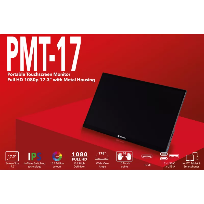 Verbatim 49593 datora monitors 43,9 cm (17,3 collas) 1920 x 1080 pikseļi Full HD LCD skārienjūtīgs melns